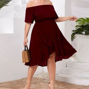 Shein Curve 1X red Asymmetrical Ruffle Hem Off Shoulder Dress